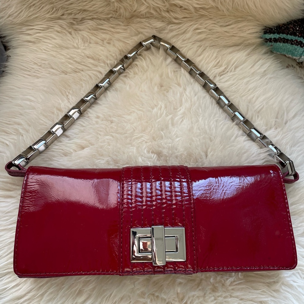 Kooba Red Patent Leather Convertible Clutch w/ Chunky Chain Strap. 10x5x2